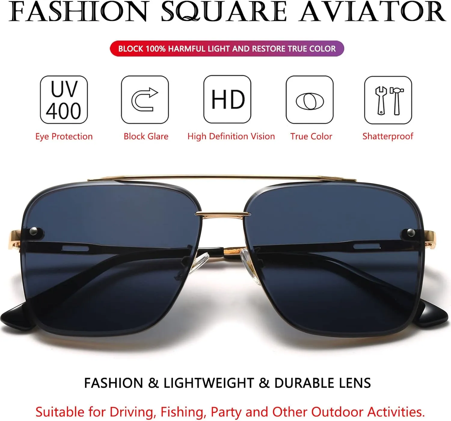 AIEYEZO Square Sunglasses for Men Women Fashion Oversized Glasses Metal Frame Square Aviator Gradient Shades