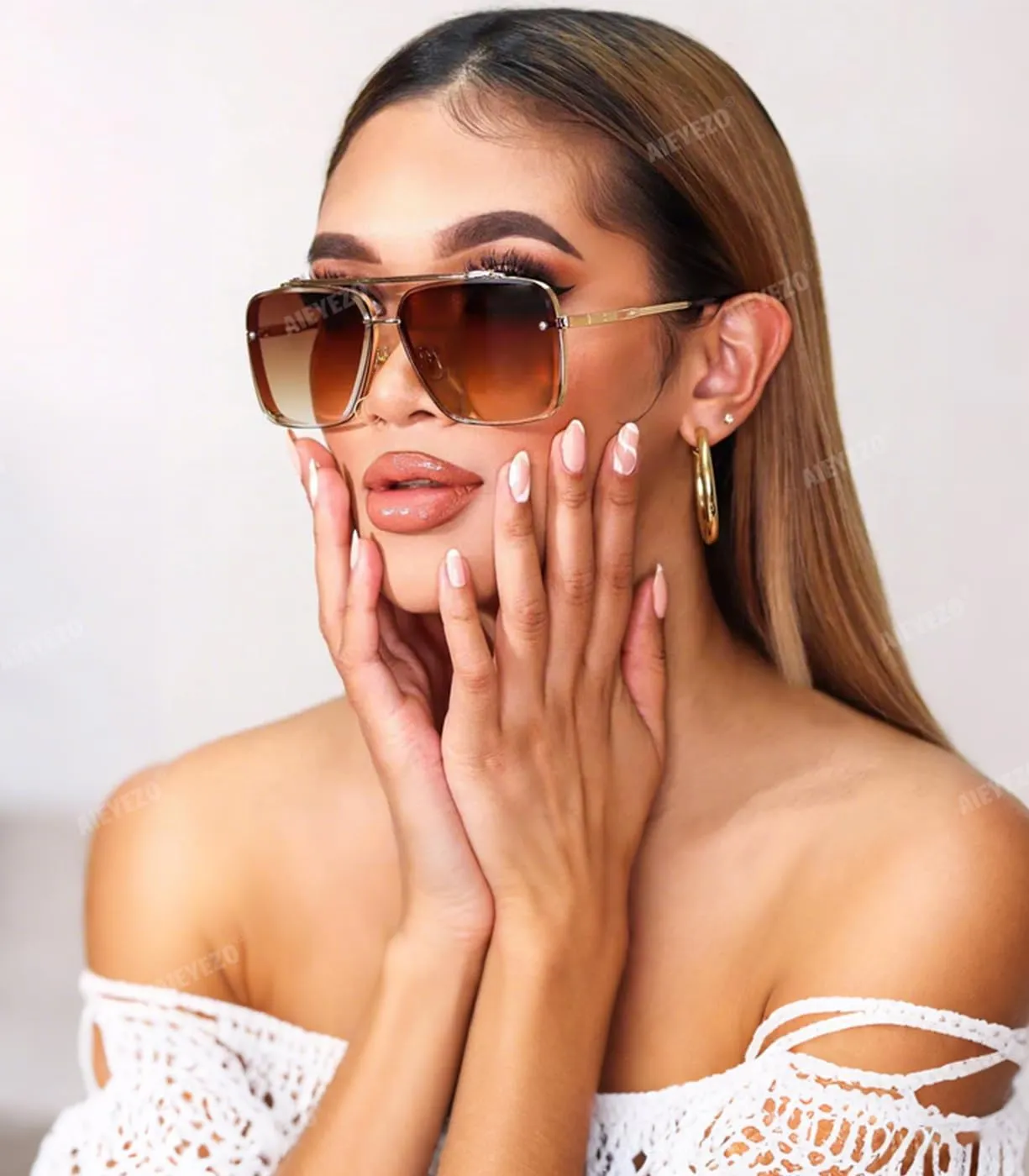AIEYEZO Square Sunglasses for Men Women Fashion Oversized Glasses Metal Frame Square Aviator Gradient Shades