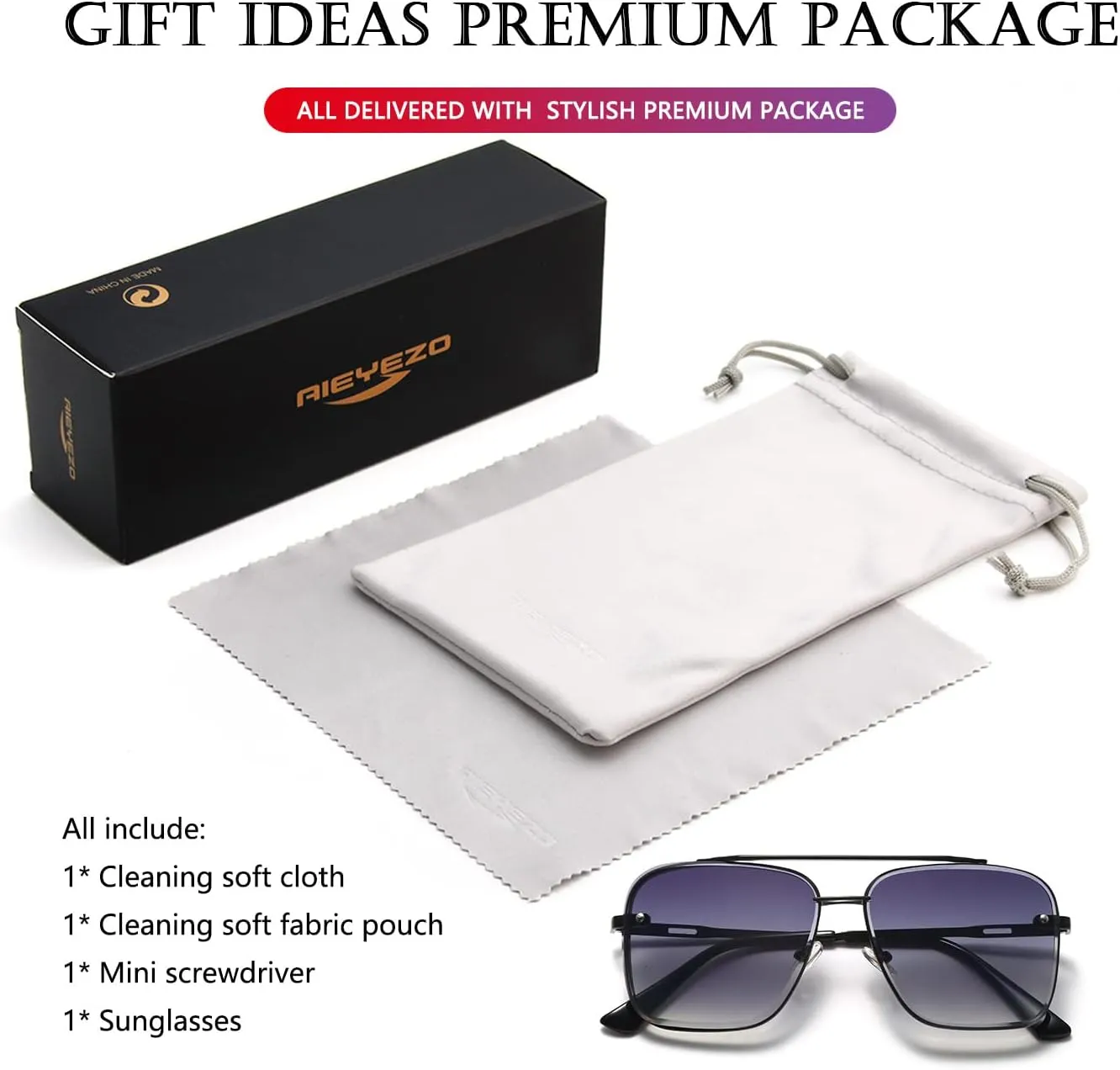 AIEYEZO Square Sunglasses for Men Women Fashion Oversized Glasses Metal Frame Square Aviator Gradient Shades