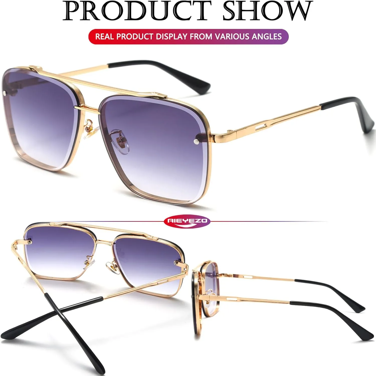 AIEYEZO Square Sunglasses for Men Women Fashion Oversized Glasses Metal Frame Square Aviator Gradient Shades