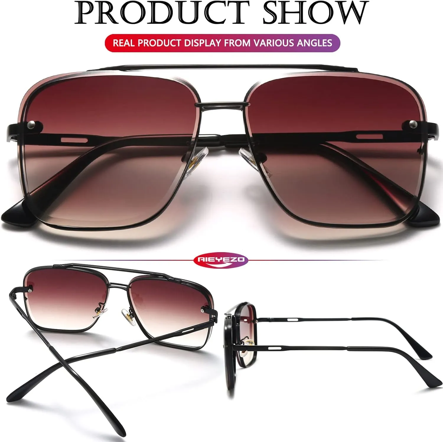 AIEYEZO Square Sunglasses for Men Women Fashion Oversized Glasses Metal Frame Square Aviator Gradient Shades