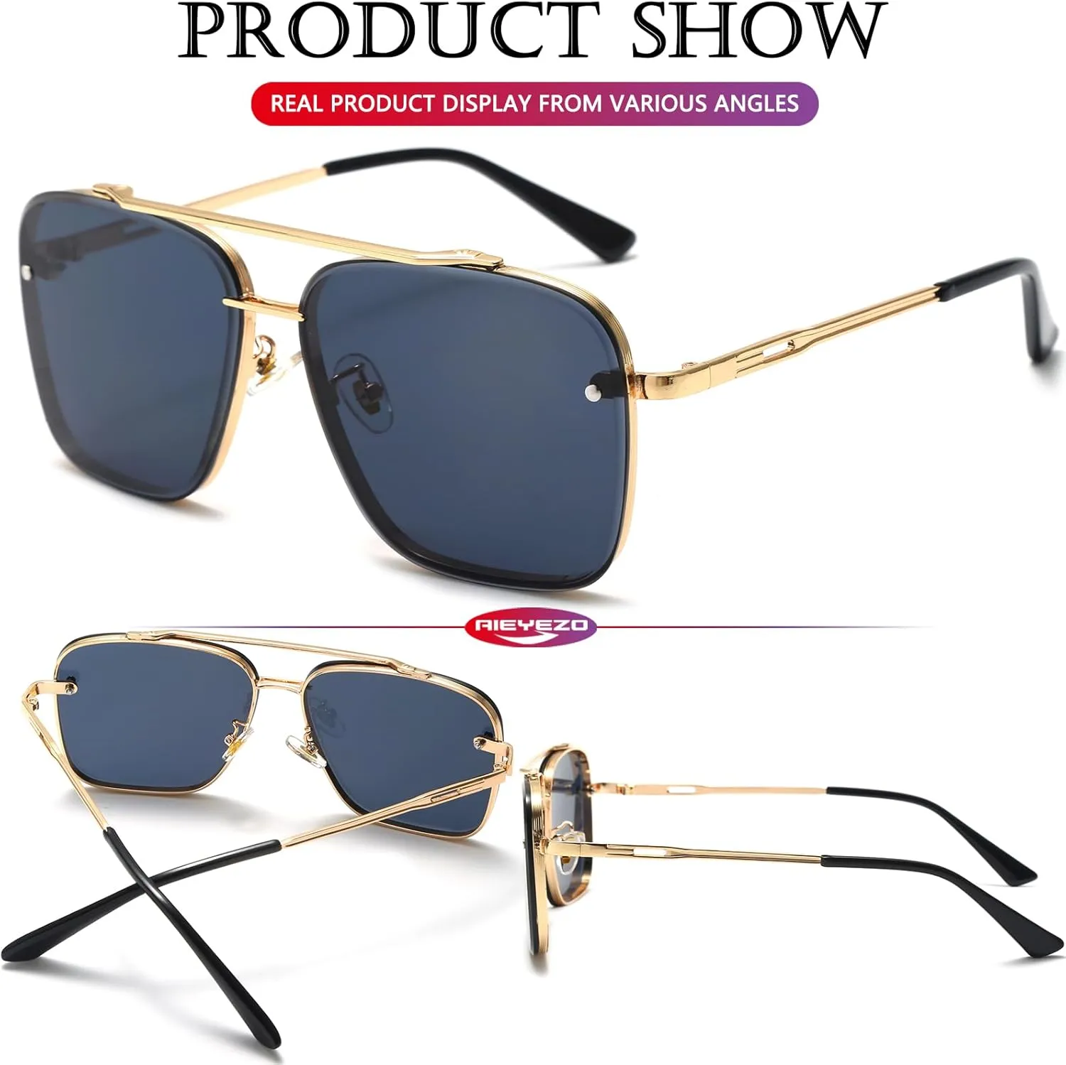 AIEYEZO Square Sunglasses for Men Women Fashion Oversized Glasses Metal Frame Square Aviator Gradient Shades