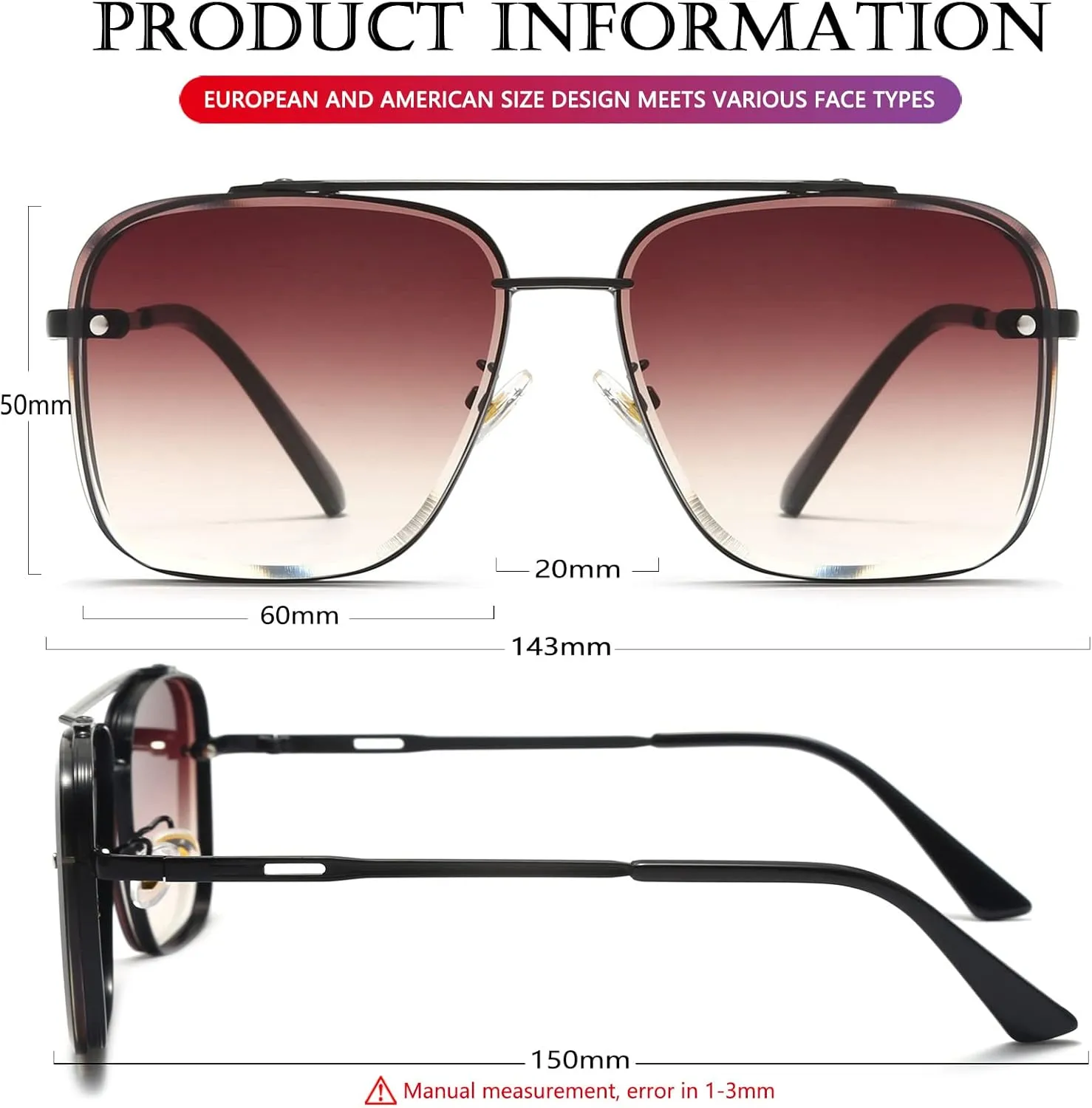 AIEYEZO Square Sunglasses for Men Women Fashion Oversized Glasses Metal Frame Square Aviator Gradient Shades