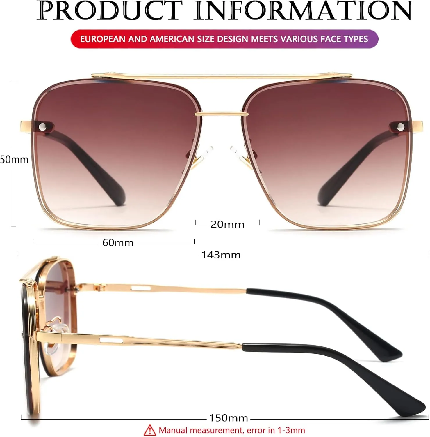 AIEYEZO Square Sunglasses for Men Women Fashion Oversized Glasses Metal Frame Square Aviator Gradient Shades
