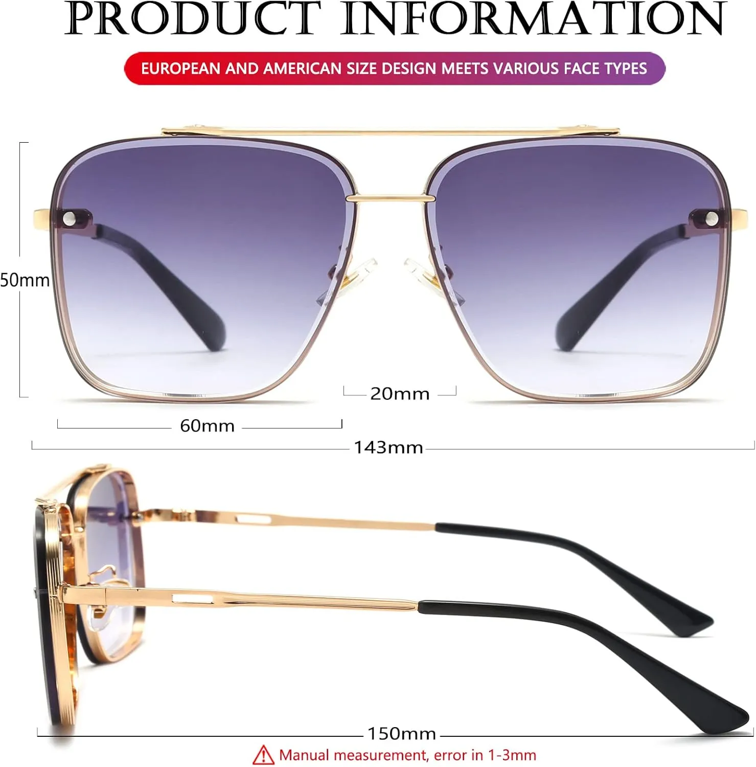 AIEYEZO Square Sunglasses for Men Women Fashion Oversized Glasses Metal Frame Square Aviator Gradient Shades