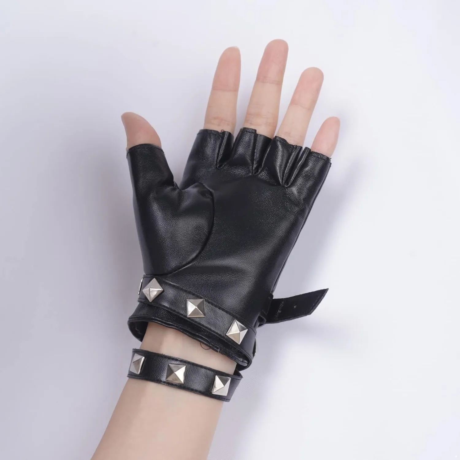 Aislor Women PU Leather Punk Rivets Choker Necklace and Half Finger Performance Gloves Mittens