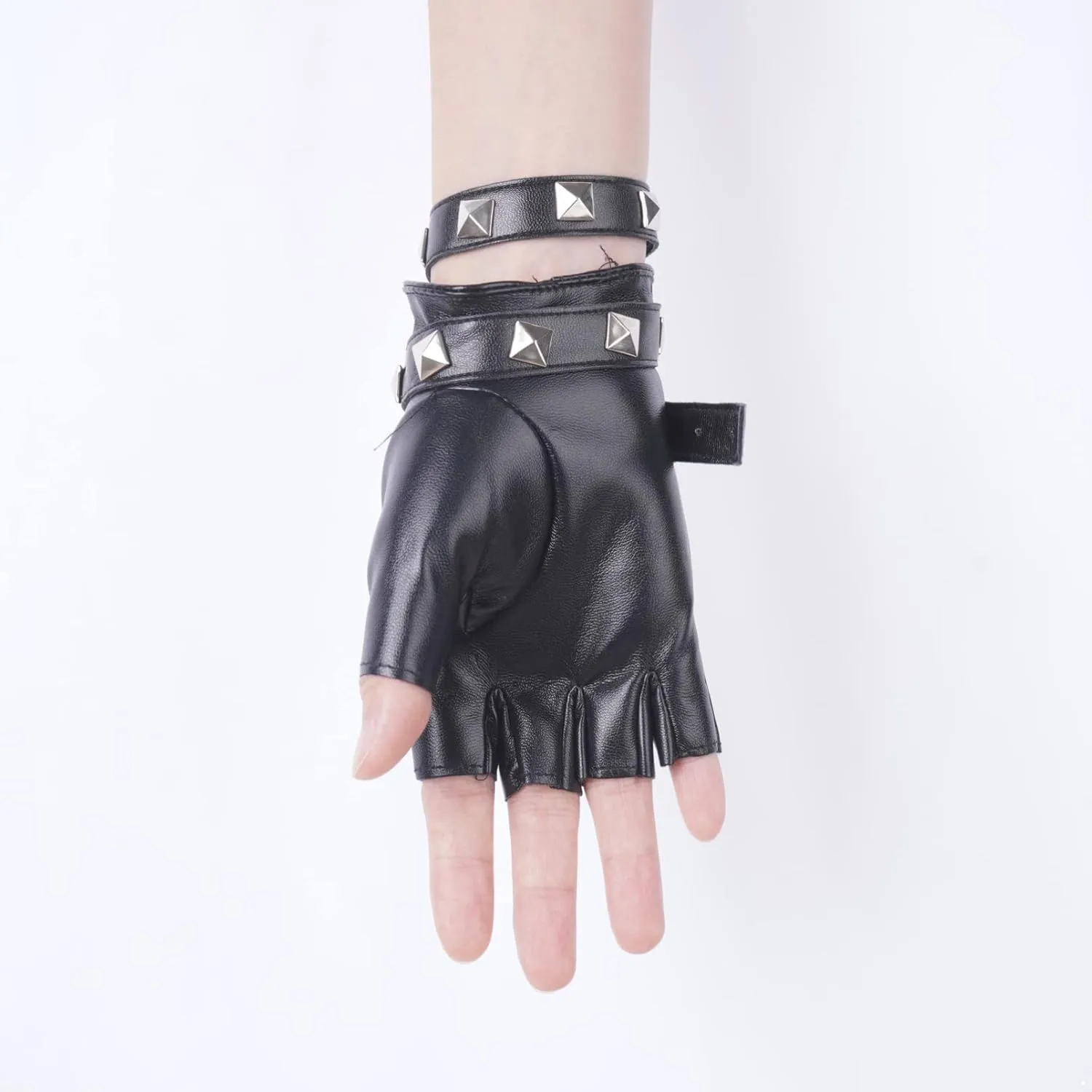 Aislor Women PU Leather Punk Rivets Choker Necklace and Half Finger Performance Gloves Mittens