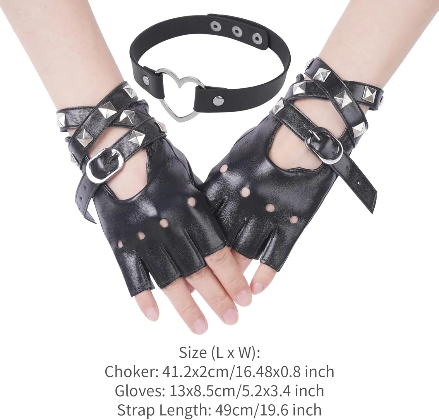 Aislor Women PU Leather Punk Rivets Choker Necklace and Half Finger Performance Gloves Mittens