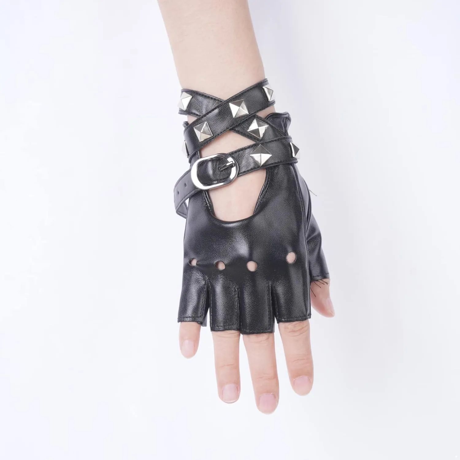 Aislor Women PU Leather Punk Rivets Choker Necklace and Half Finger Performance Gloves Mittens