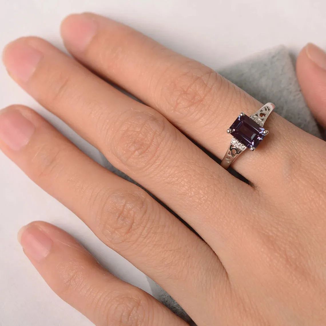 Alexandrite Emerald Cut Solitaire Ring  - 925 Sterling Silver Ring