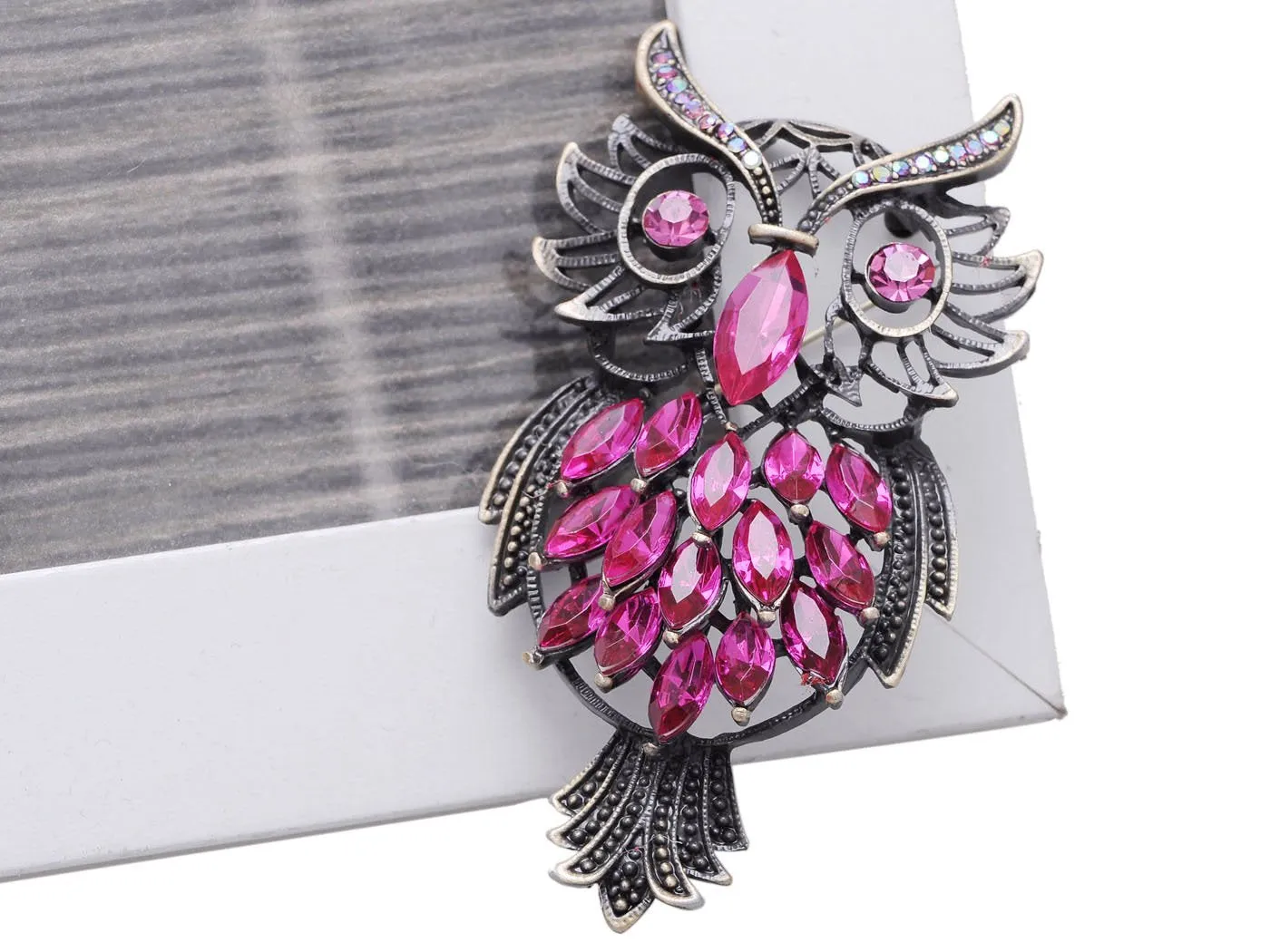 Alilang Vintage Inspired Pink Crystal Rhinestone Marquise Feather Owl Pin Brooch