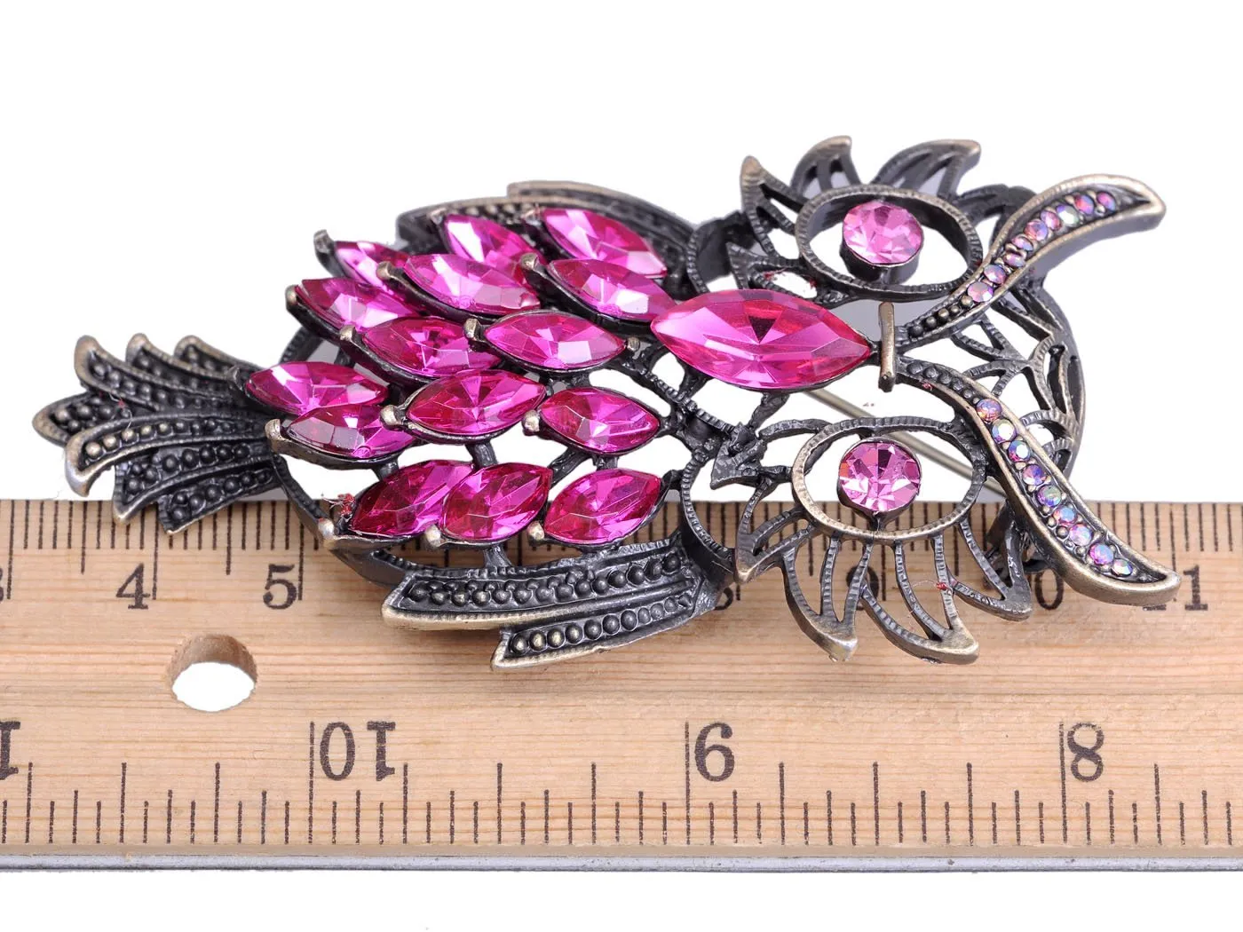 Alilang Vintage Inspired Pink Crystal Rhinestone Marquise Feather Owl Pin Brooch