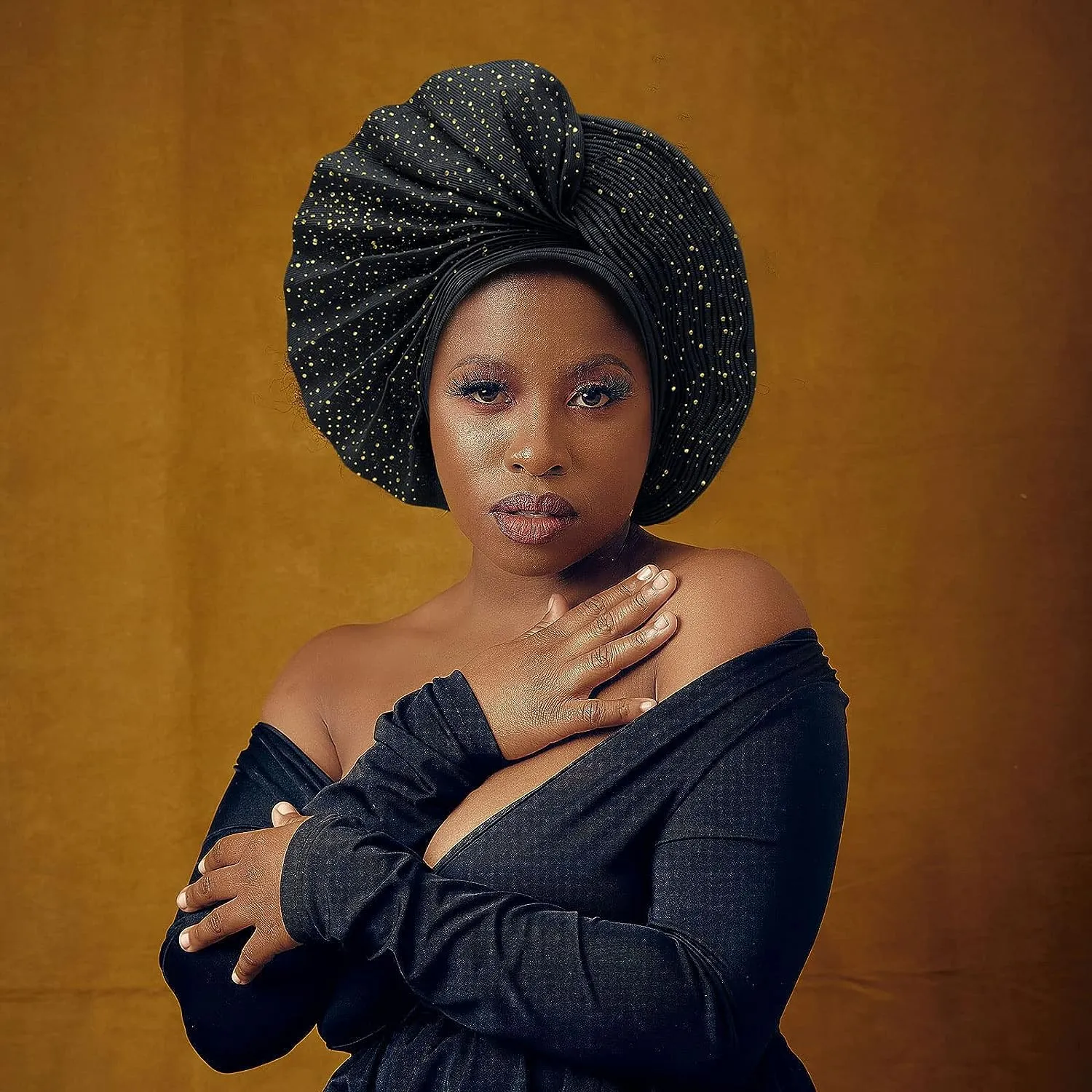Already Made Nigerian ASO Oke Auto Gele with Stones Women Turban Hat Head Wrap African Headties Fashion Headbands for Party (Black)
