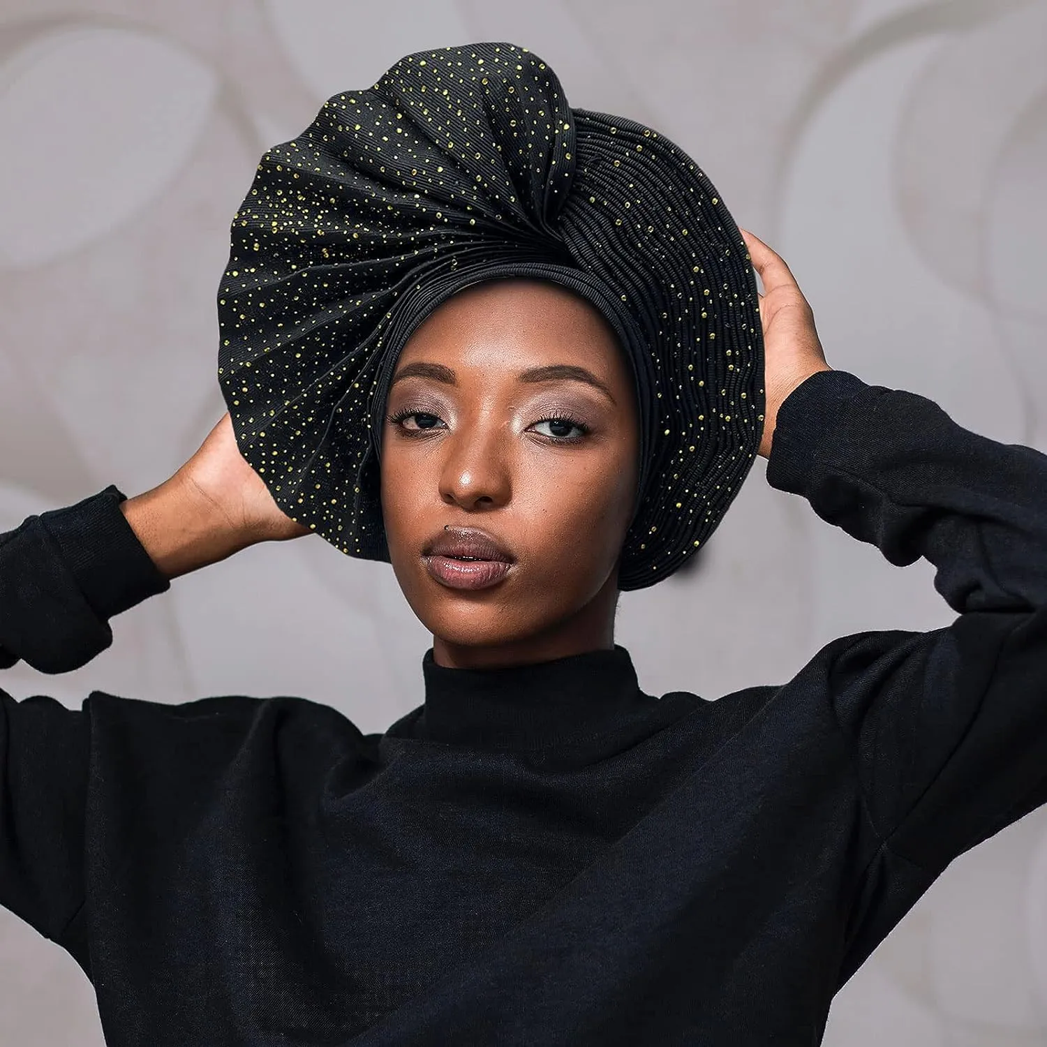 Already Made Nigerian ASO Oke Auto Gele with Stones Women Turban Hat Head Wrap African Headties Fashion Headbands for Party (Black)