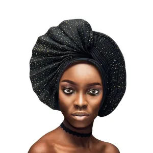 Already Made Nigerian ASO Oke Auto Gele with Stones Women Turban Hat Head Wrap African Headties Fashion Headbands for Party (Black)