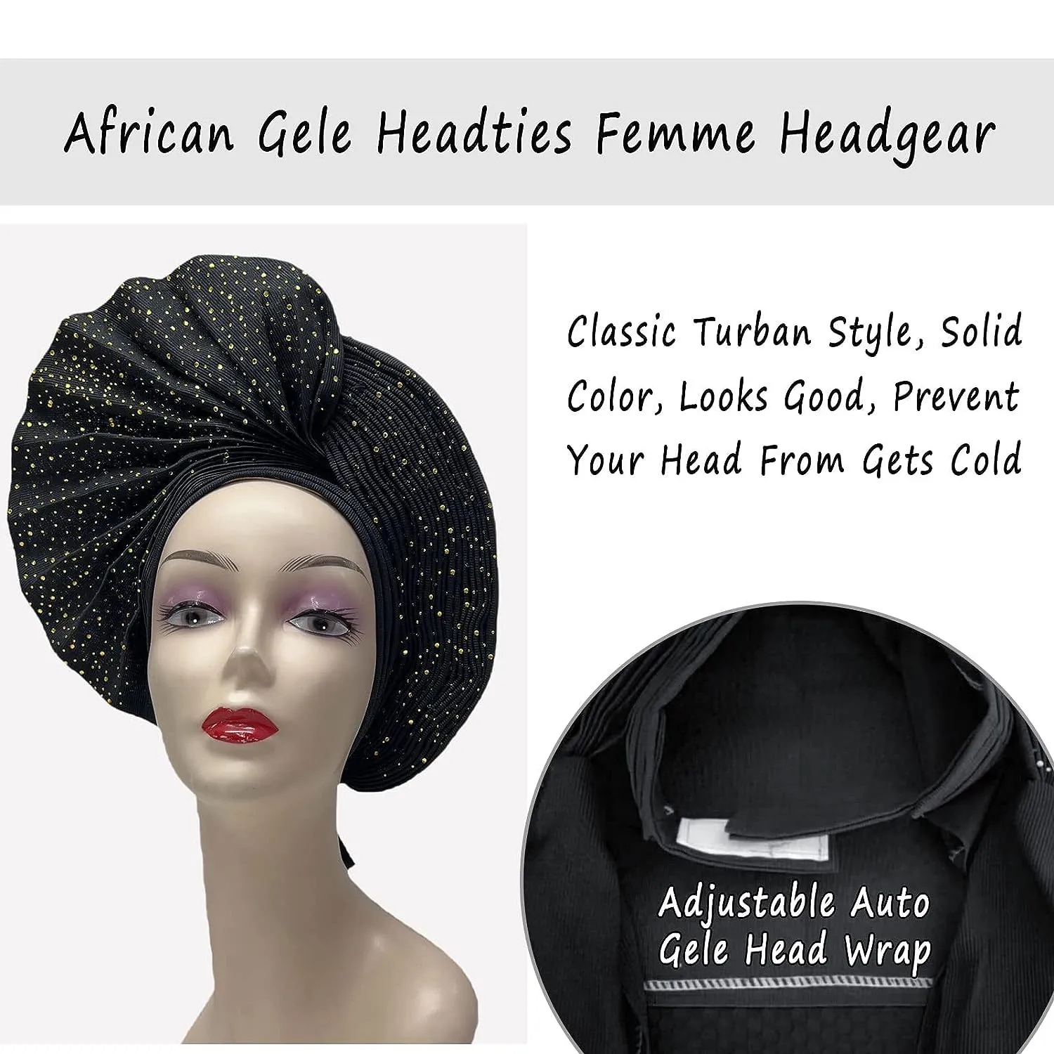 Already Made Nigerian ASO Oke Auto Gele with Stones Women Turban Hat Head Wrap African Headties Fashion Headbands for Party (Black)