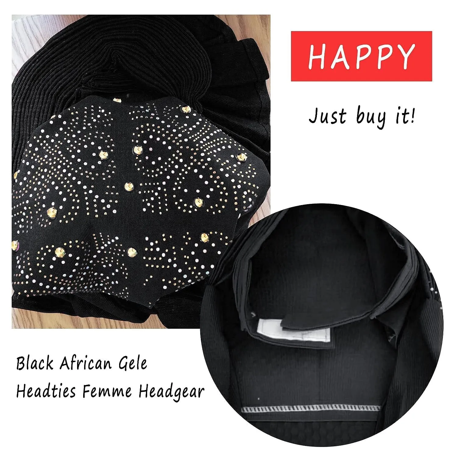 Already Made Nigerian ASO Oke Auto Gele with Stones Women Turban Hat Head Wrap African Headties Fashion Headbands for Party (Black)