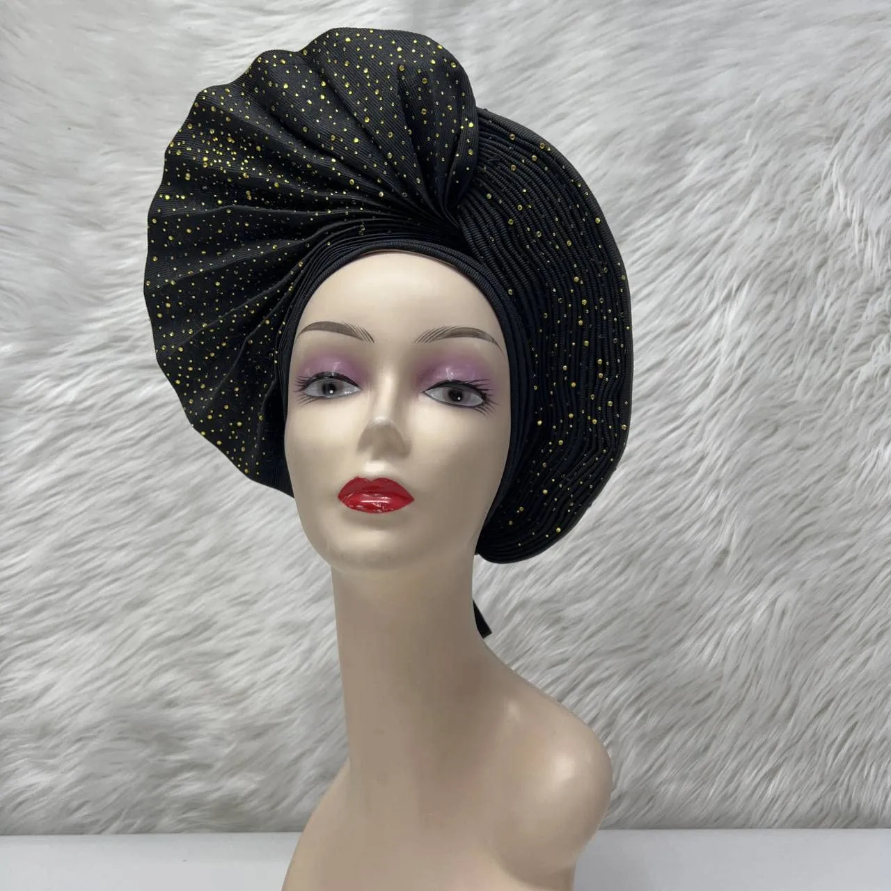 Already Made Nigerian ASO Oke Auto Gele with Stones Women Turban Hat Head Wrap African Headties Fashion Headbands for Party (Black)