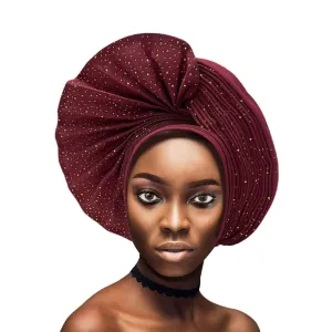 Already Made Nigerian ASO Oke Auto Gele with Stones Women Turban Hat Head Wrap African Headties Fashion Headbands for Party (Burgundy)