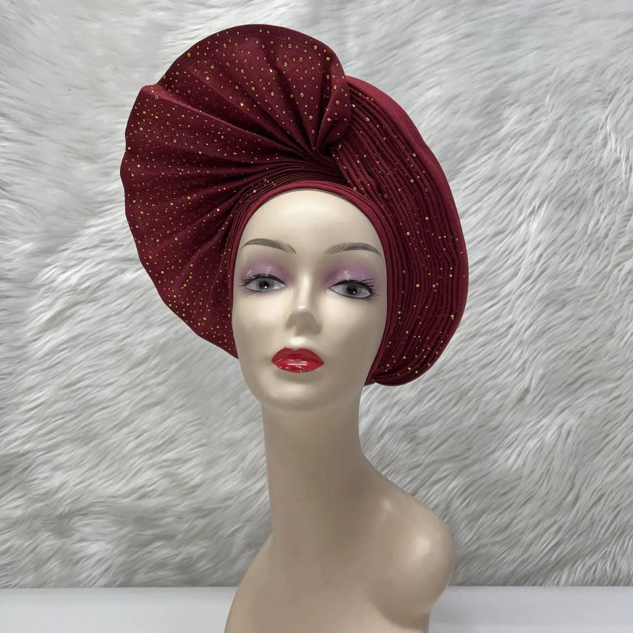 Already Made Nigerian ASO Oke Auto Gele with Stones Women Turban Hat Head Wrap African Headties Fashion Headbands for Party (Burgundy)