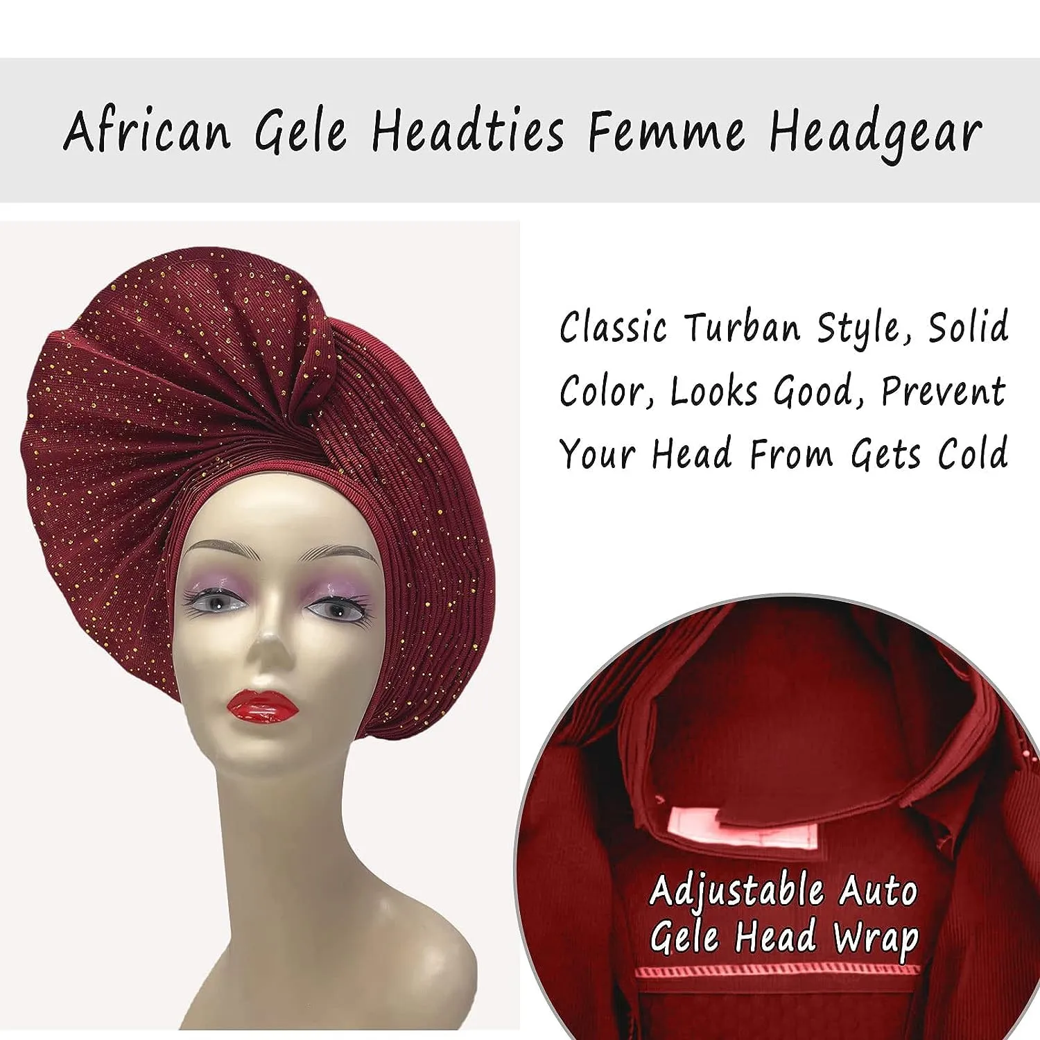 Already Made Nigerian ASO Oke Auto Gele with Stones Women Turban Hat Head Wrap African Headties Fashion Headbands for Party (Burgundy)