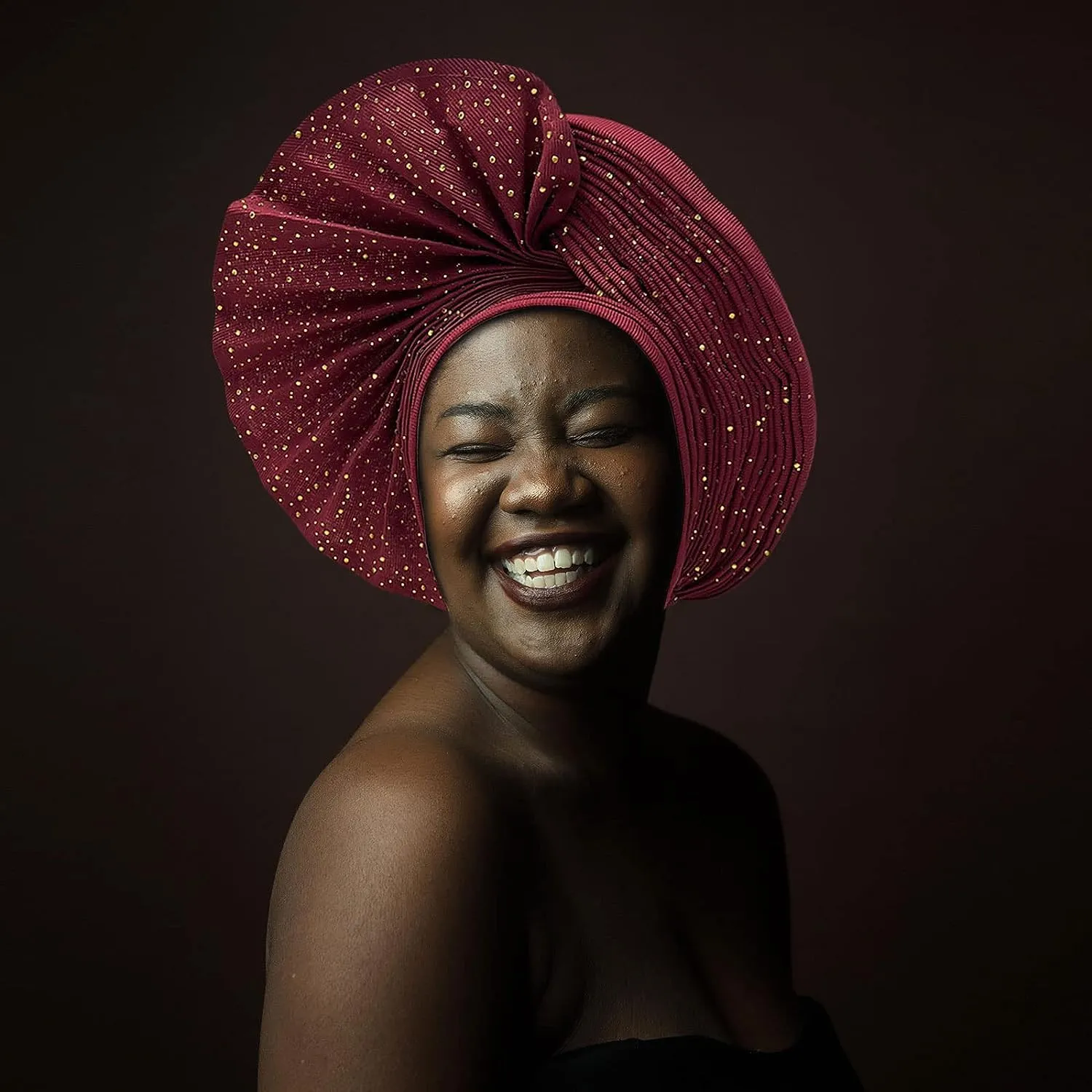 Already Made Nigerian ASO Oke Auto Gele with Stones Women Turban Hat Head Wrap African Headties Fashion Headbands for Party (Burgundy)
