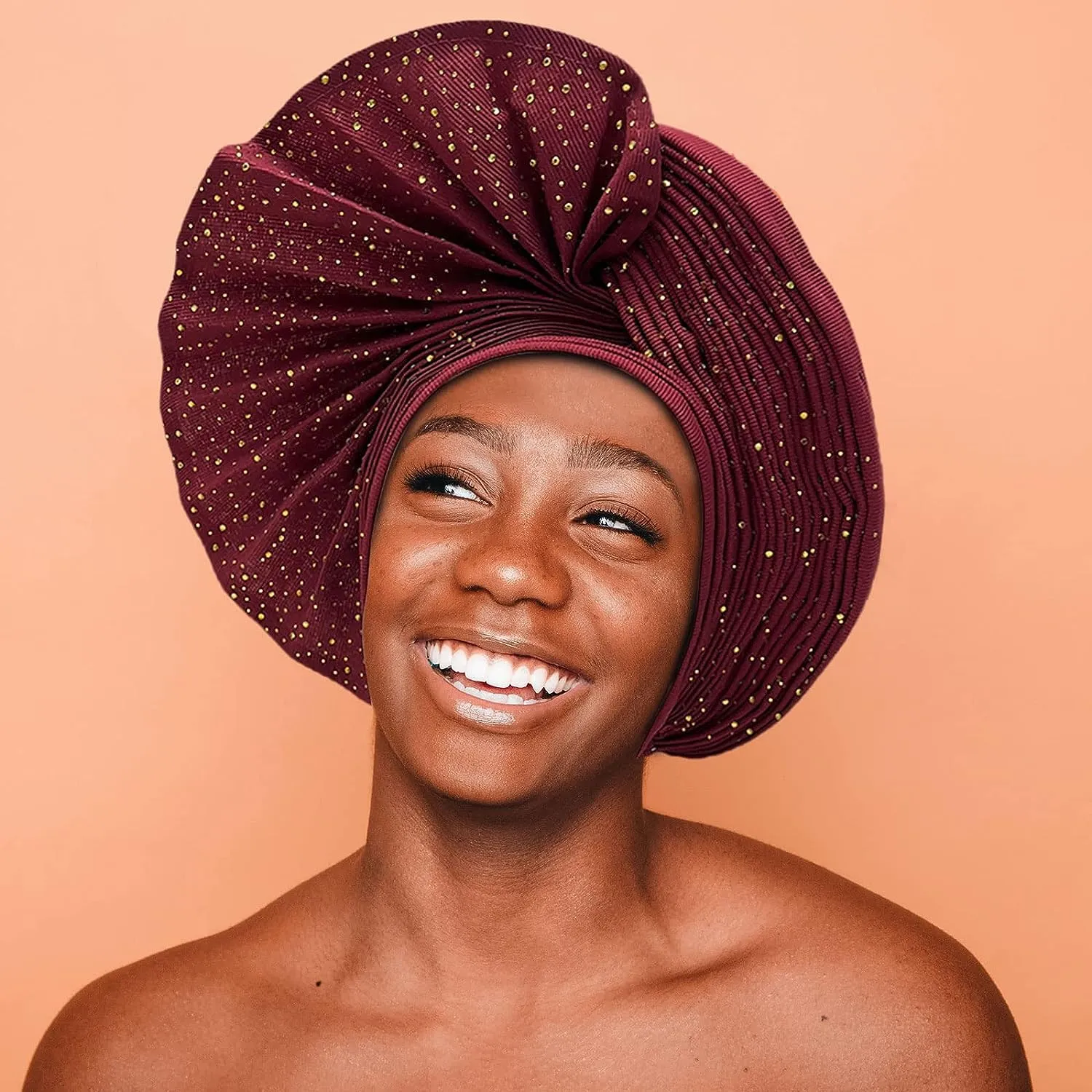 Already Made Nigerian ASO Oke Auto Gele with Stones Women Turban Hat Head Wrap African Headties Fashion Headbands for Party (Burgundy)