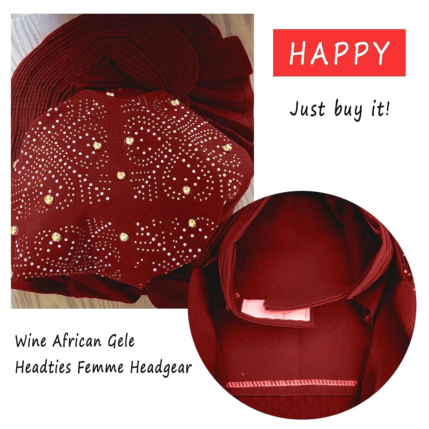 Already Made Nigerian ASO Oke Auto Gele with Stones Women Turban Hat Head Wrap African Headties Fashion Headbands for Party (Burgundy)