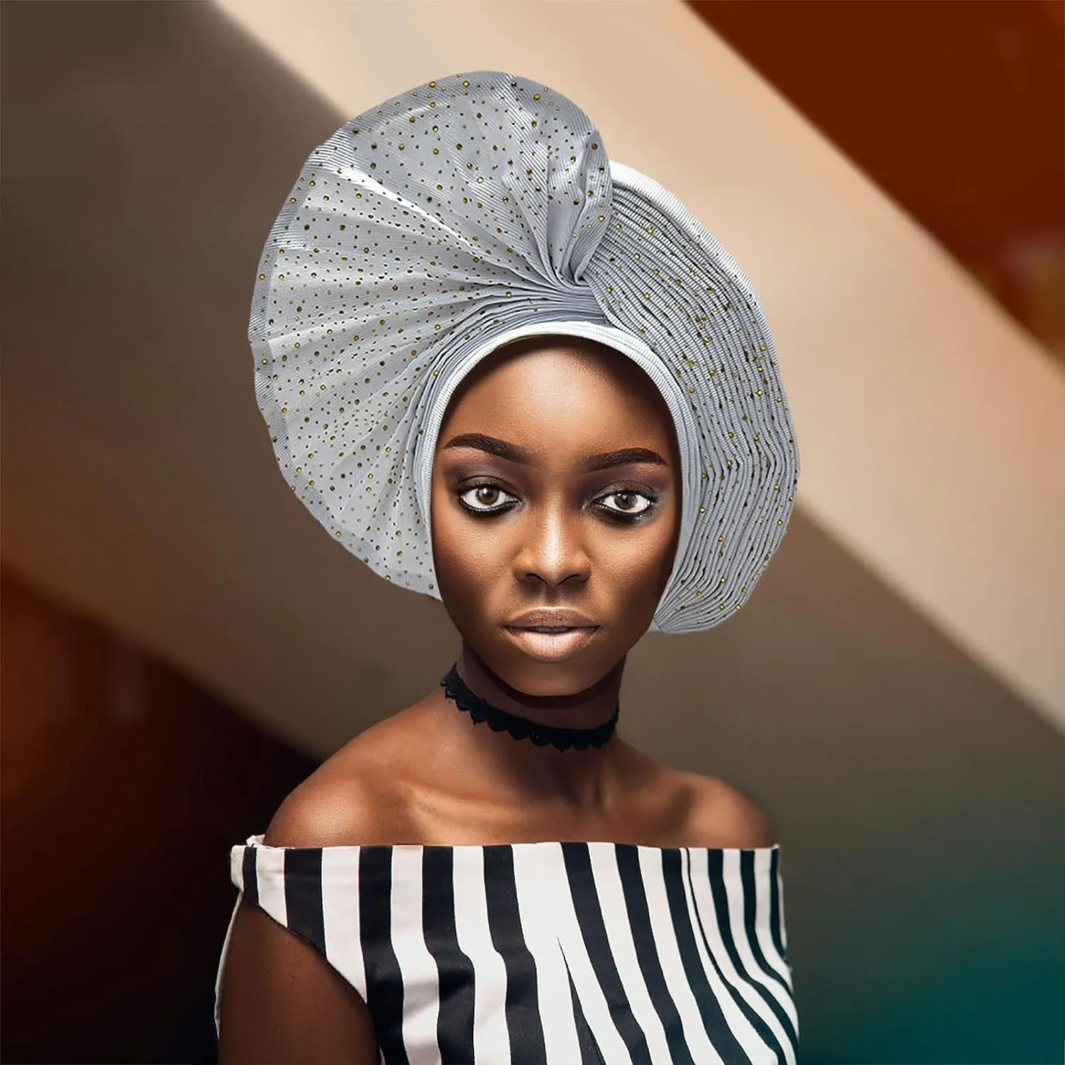 Already Made Nigerian ASO Oke Auto Gele with Stones Women Turban Hat Head Wrap African Headties Fashion Headbands for Party (White)