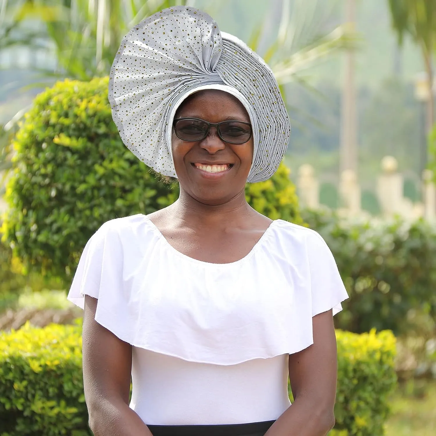 Already Made Nigerian ASO Oke Auto Gele with Stones Women Turban Hat Head Wrap African Headties Fashion Headbands for Party (White)