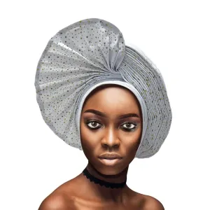 Already Made Nigerian ASO Oke Auto Gele with Stones Women Turban Hat Head Wrap African Headties Fashion Headbands for Party (White)