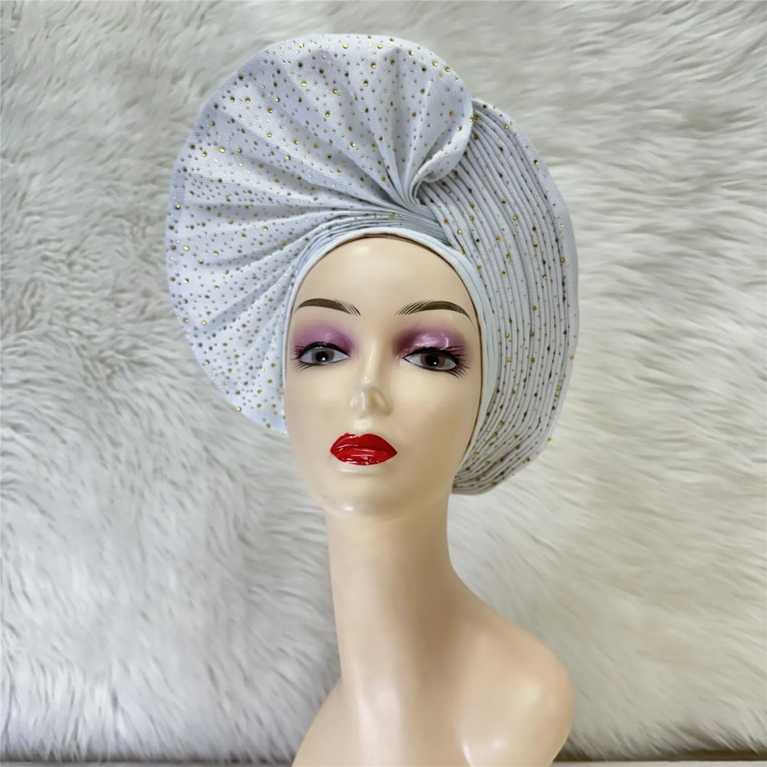 Already Made Nigerian ASO Oke Auto Gele with Stones Women Turban Hat Head Wrap African Headties Fashion Headbands for Party (White)