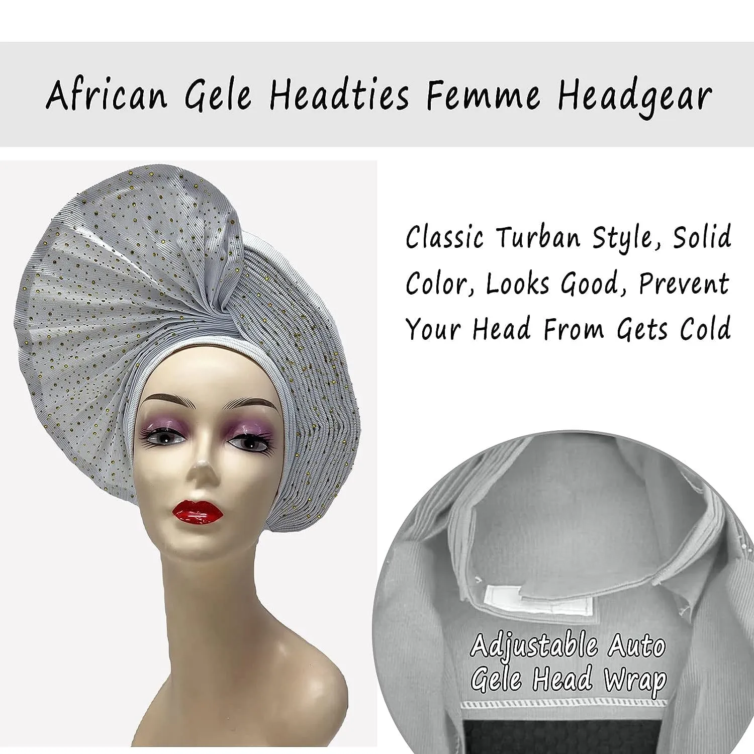 Already Made Nigerian ASO Oke Auto Gele with Stones Women Turban Hat Head Wrap African Headties Fashion Headbands for Party (White)