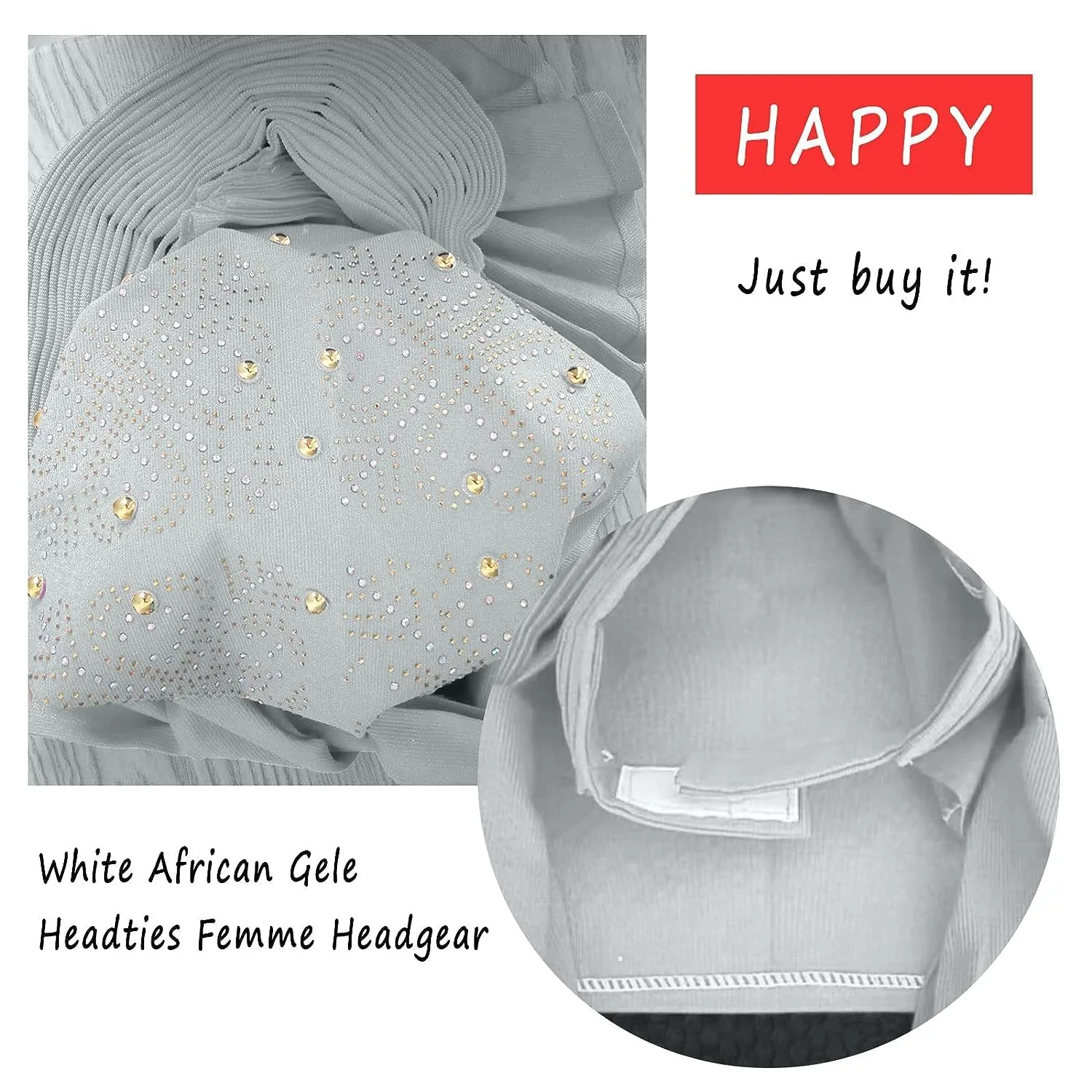 Already Made Nigerian ASO Oke Auto Gele with Stones Women Turban Hat Head Wrap African Headties Fashion Headbands for Party (White)