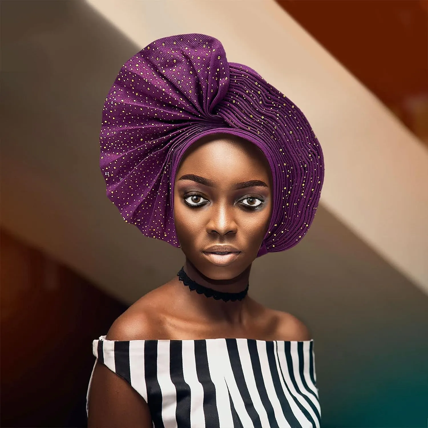 Already Made Nigerian ASO Oke Auto Gele with Stones Women Turban Hat Head Wrap African Headties Fashion Headbands for Party(Fushcia)