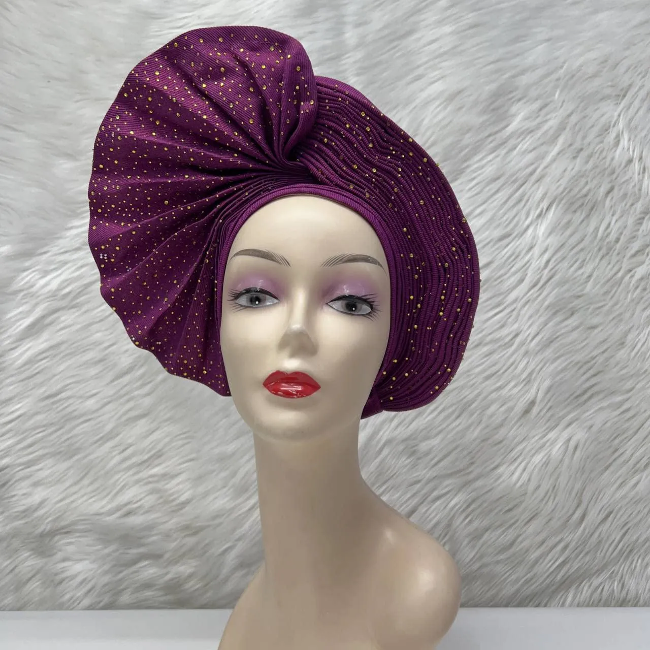 Already Made Nigerian ASO Oke Auto Gele with Stones Women Turban Hat Head Wrap African Headties Fashion Headbands for Party(Fushcia)