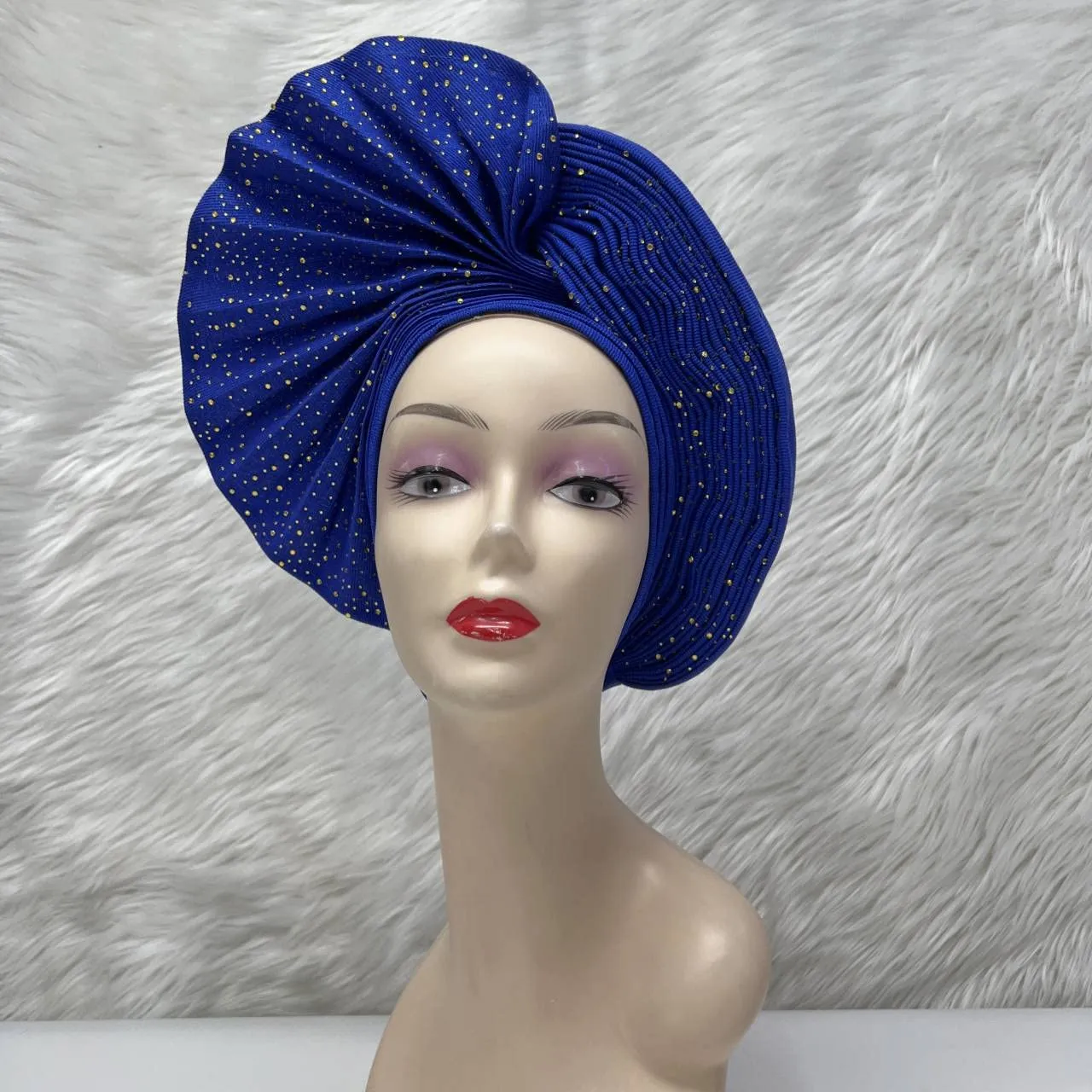 Already Made Nigerian ASO Oke with Stones Women Turban Hat Head Wrap African Auto Gele Headties Fashion Headbands for Wedding (Royal Blue)