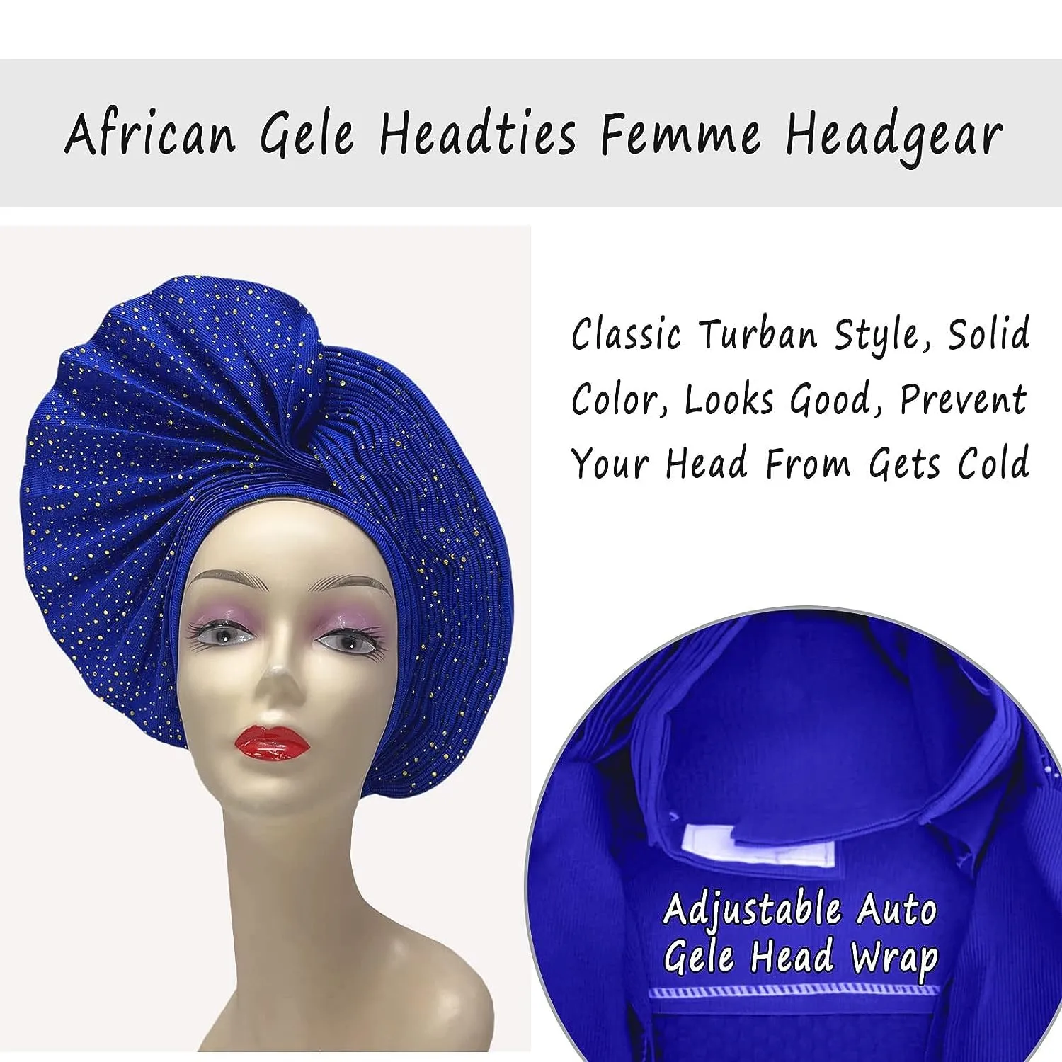 Already Made Nigerian ASO Oke with Stones Women Turban Hat Head Wrap African Auto Gele Headties Fashion Headbands for Wedding (Royal Blue)