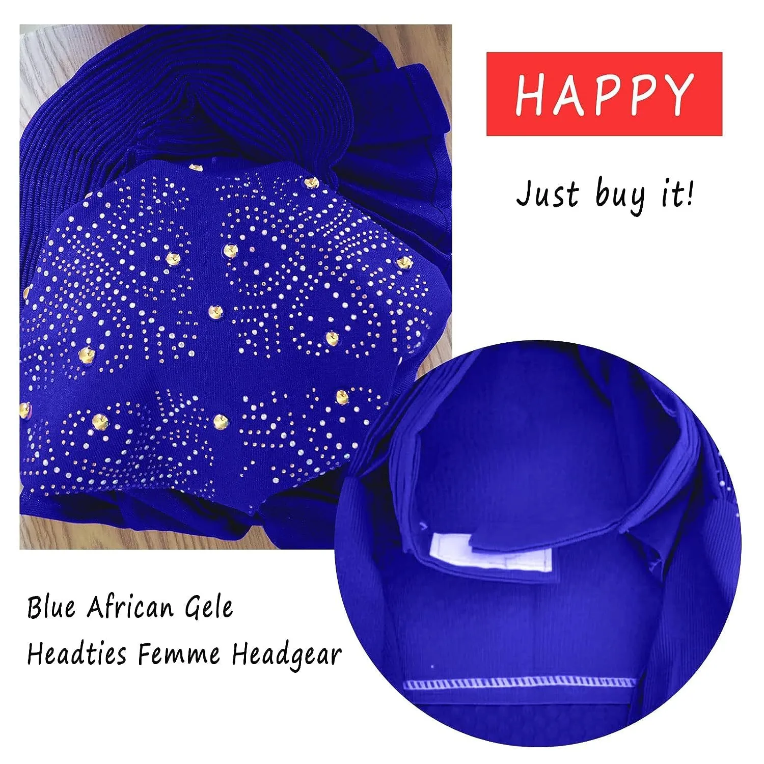 Already Made Nigerian ASO Oke with Stones Women Turban Hat Head Wrap African Auto Gele Headties Fashion Headbands for Wedding (Royal Blue)