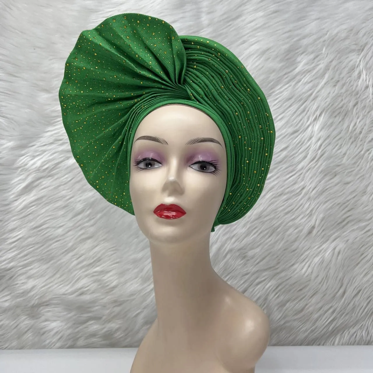 Already Made Nigerian Auto Gele Aso Oke With Stones Women Turban Hat Head Wrap African Gele Headties Femme Headgear Fashion Headbands For Party Wedding (Grass Green)