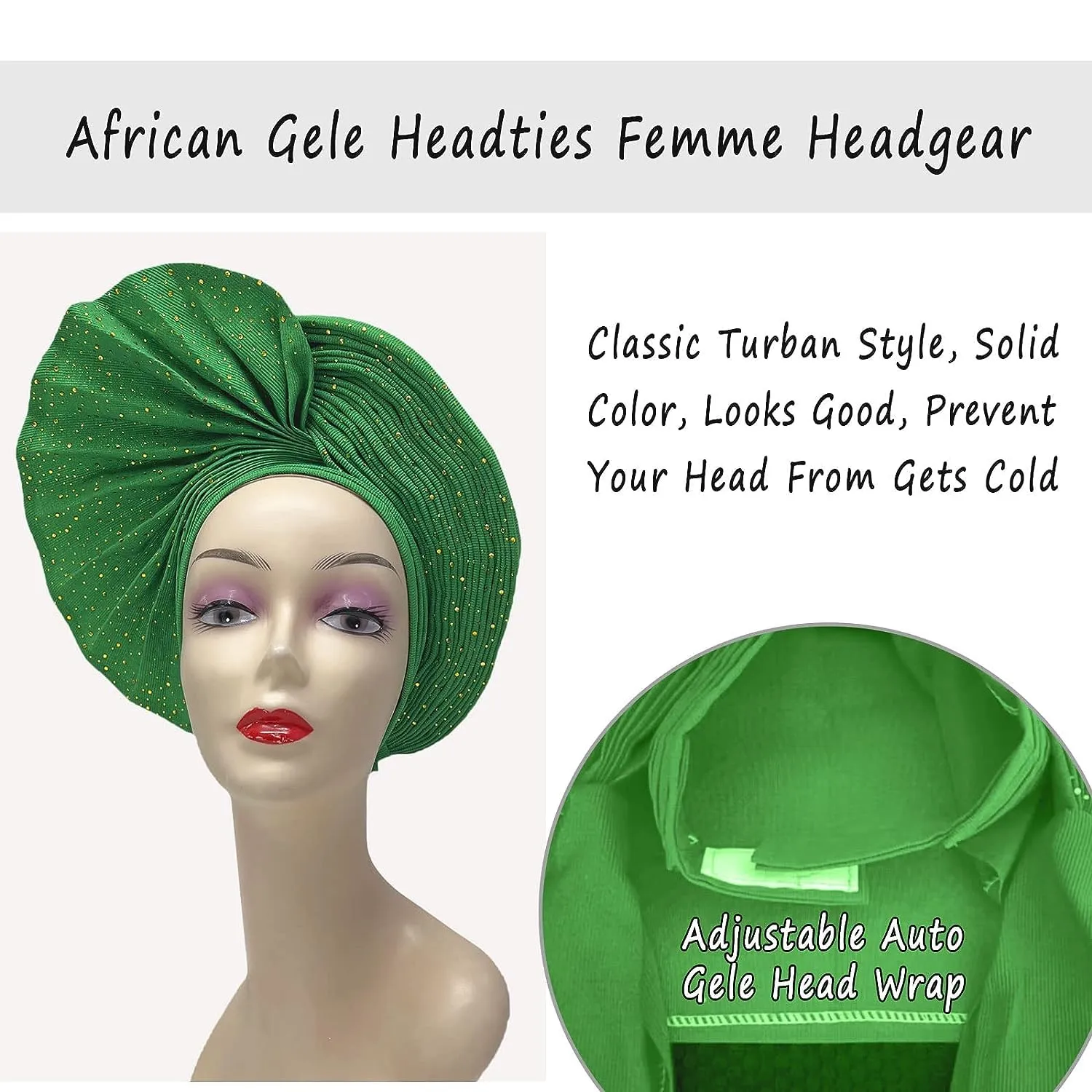 Already Made Nigerian Auto Gele Aso Oke With Stones Women Turban Hat Head Wrap African Gele Headties Femme Headgear Fashion Headbands For Party Wedding (Grass Green)