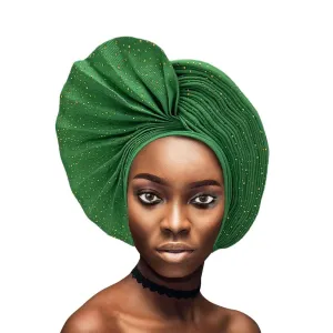 Already Made Nigerian Auto Gele Aso Oke With Stones Women Turban Hat Head Wrap African Gele Headties Femme Headgear Fashion Headbands For Party Wedding (Grass Green)