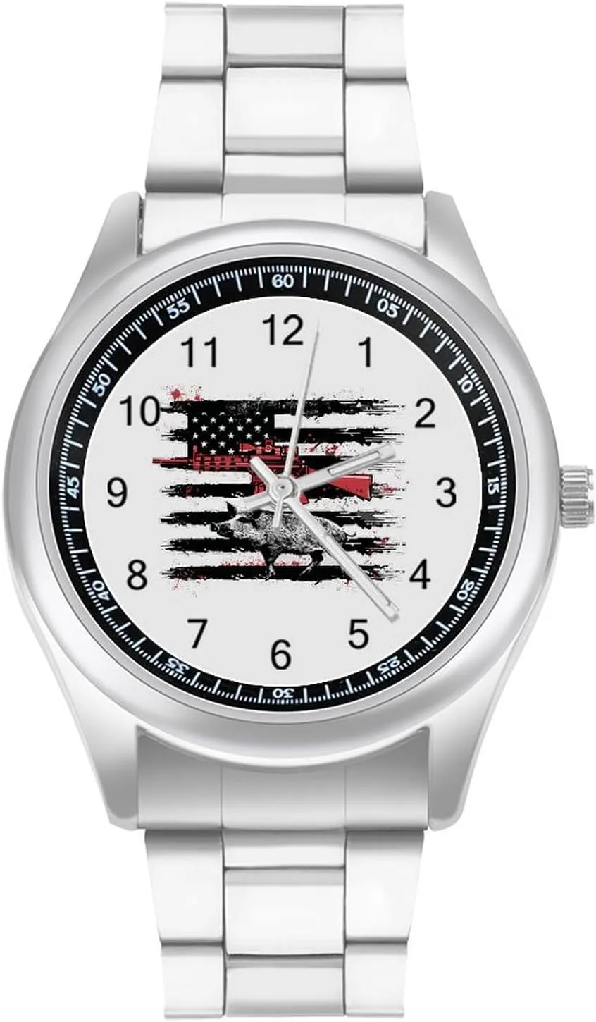 American USA Flag Boar Hunting Wild Watches Stainless Steel Band Wristwatch Business Dress Watch for Work Home