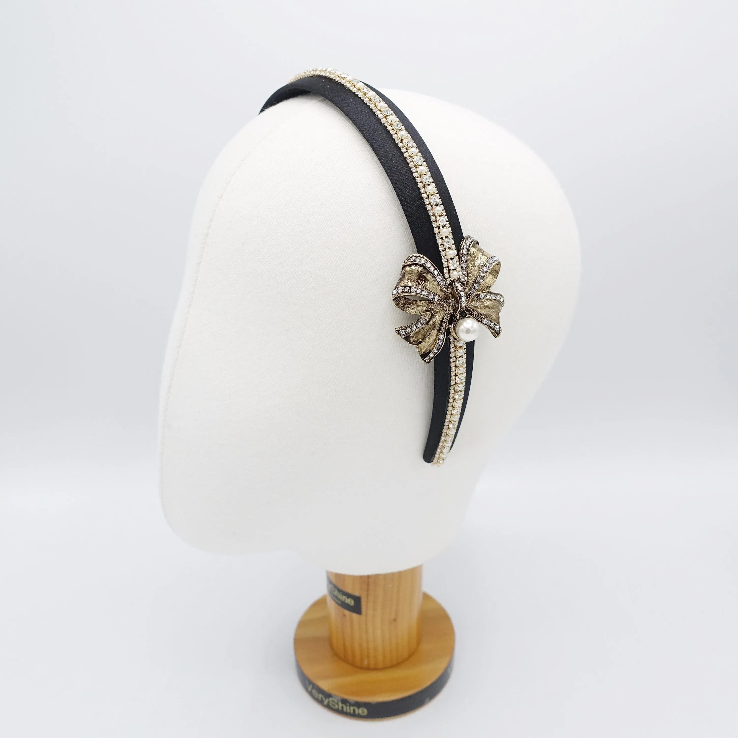 antique bow headband, metal bow headband, pearl rhinestone headband for women roque pattern antique hair accessory for women