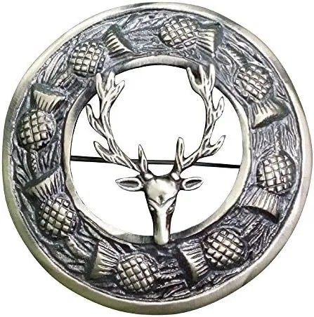 Antique Kilt Brooch for Men with Thistle Design Scottish Fly Plaid 3" (7cm) diameter