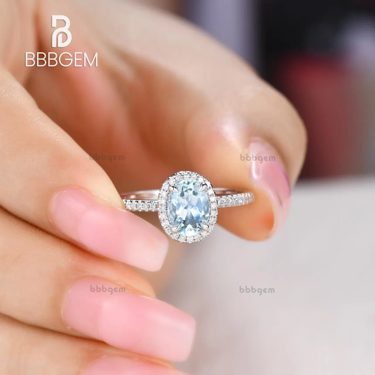 Aquamarine and Moissanite Ring 14k/18k Gold Engagement Promise Ring Halo Claw Prongs