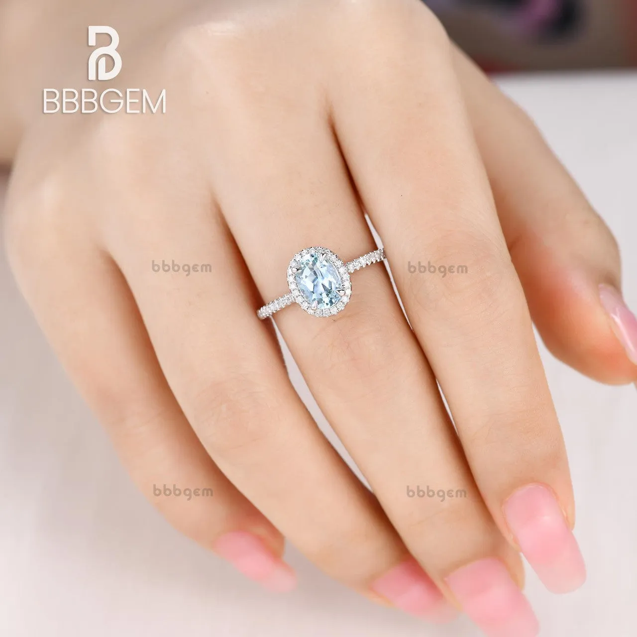 Aquamarine and Moissanite Ring 14k/18k Gold Engagement Promise Ring Halo Claw Prongs