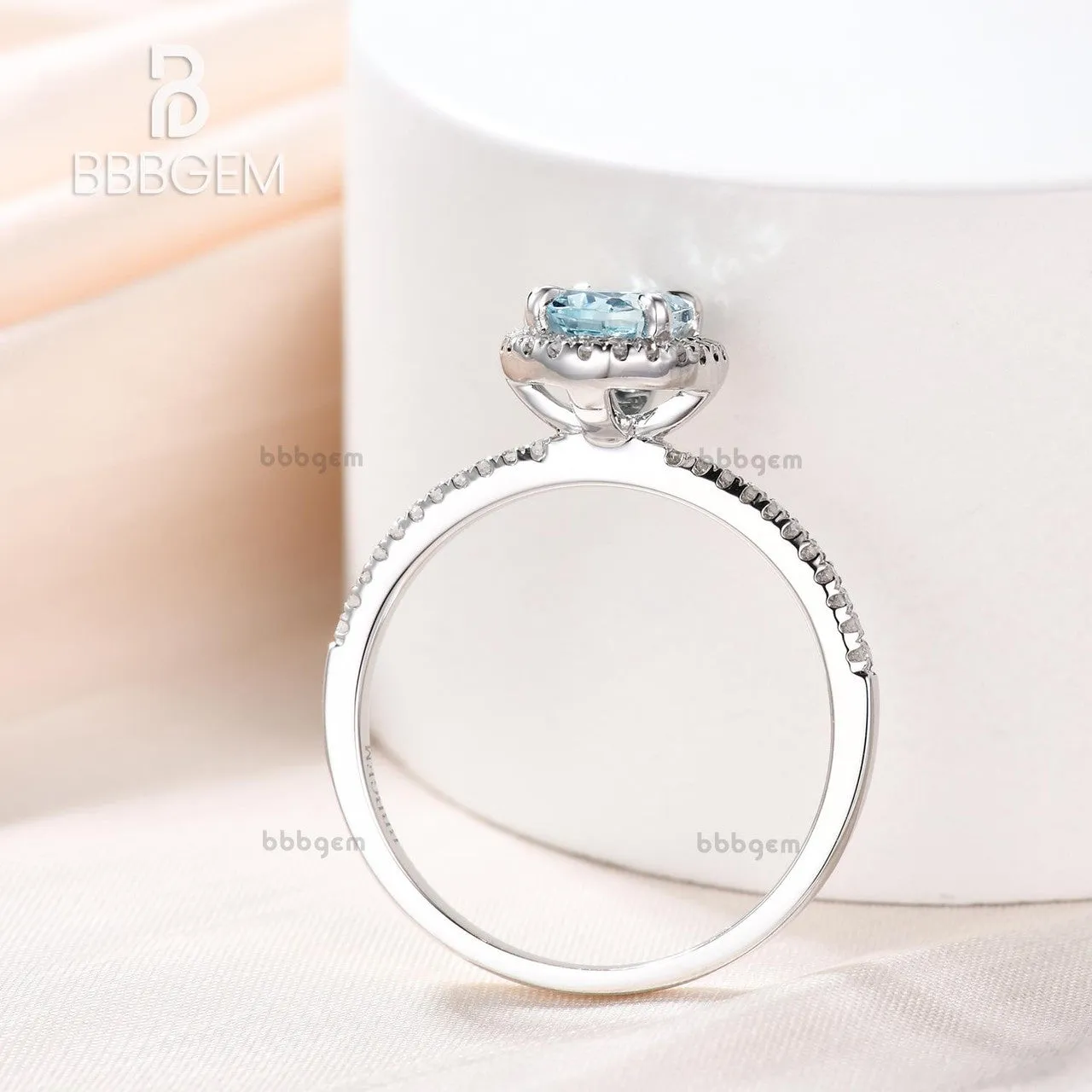Aquamarine and Moissanite Ring 14k/18k Gold Engagement Promise Ring Halo Claw Prongs
