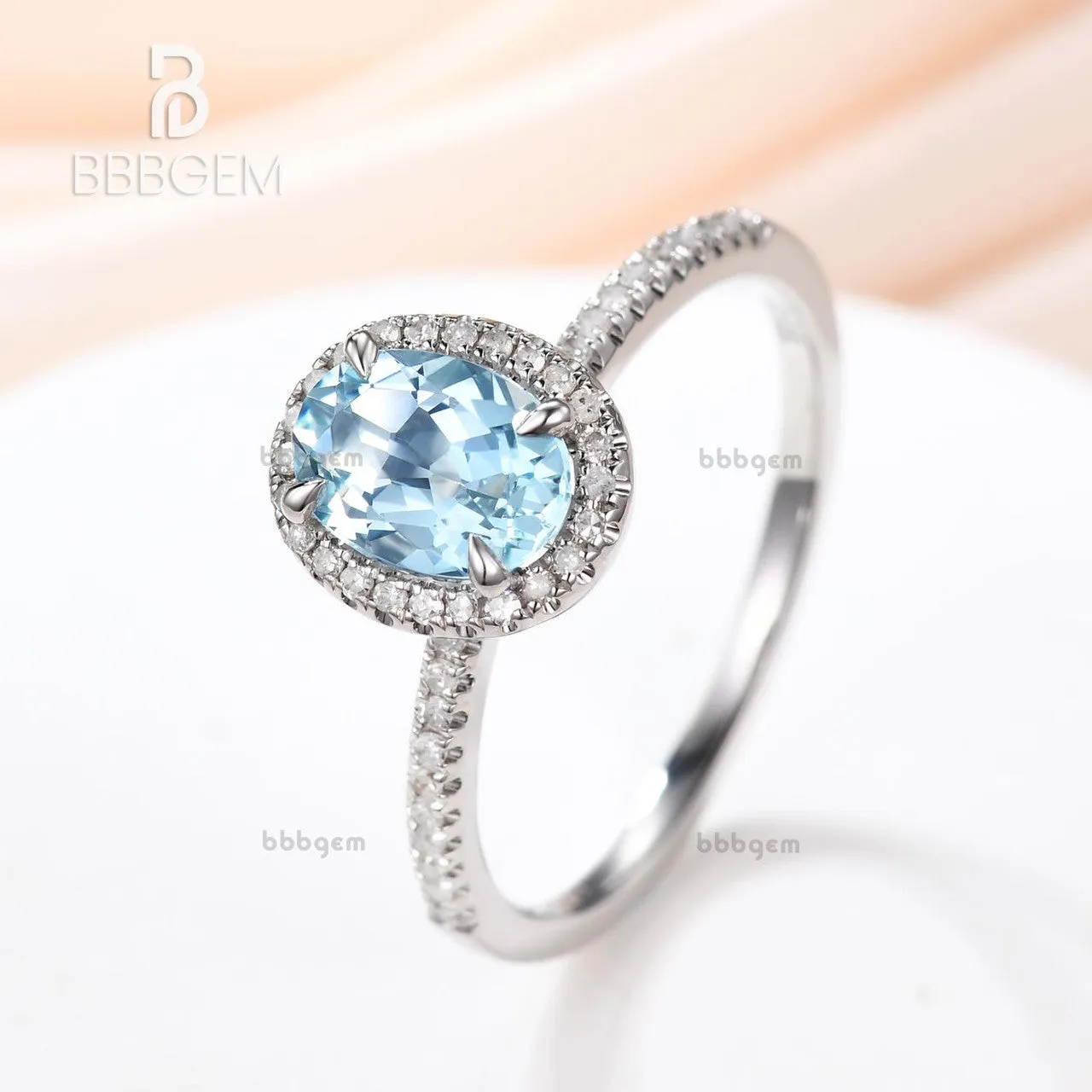 Aquamarine and Moissanite Ring 14k/18k Gold Engagement Promise Ring Halo Claw Prongs