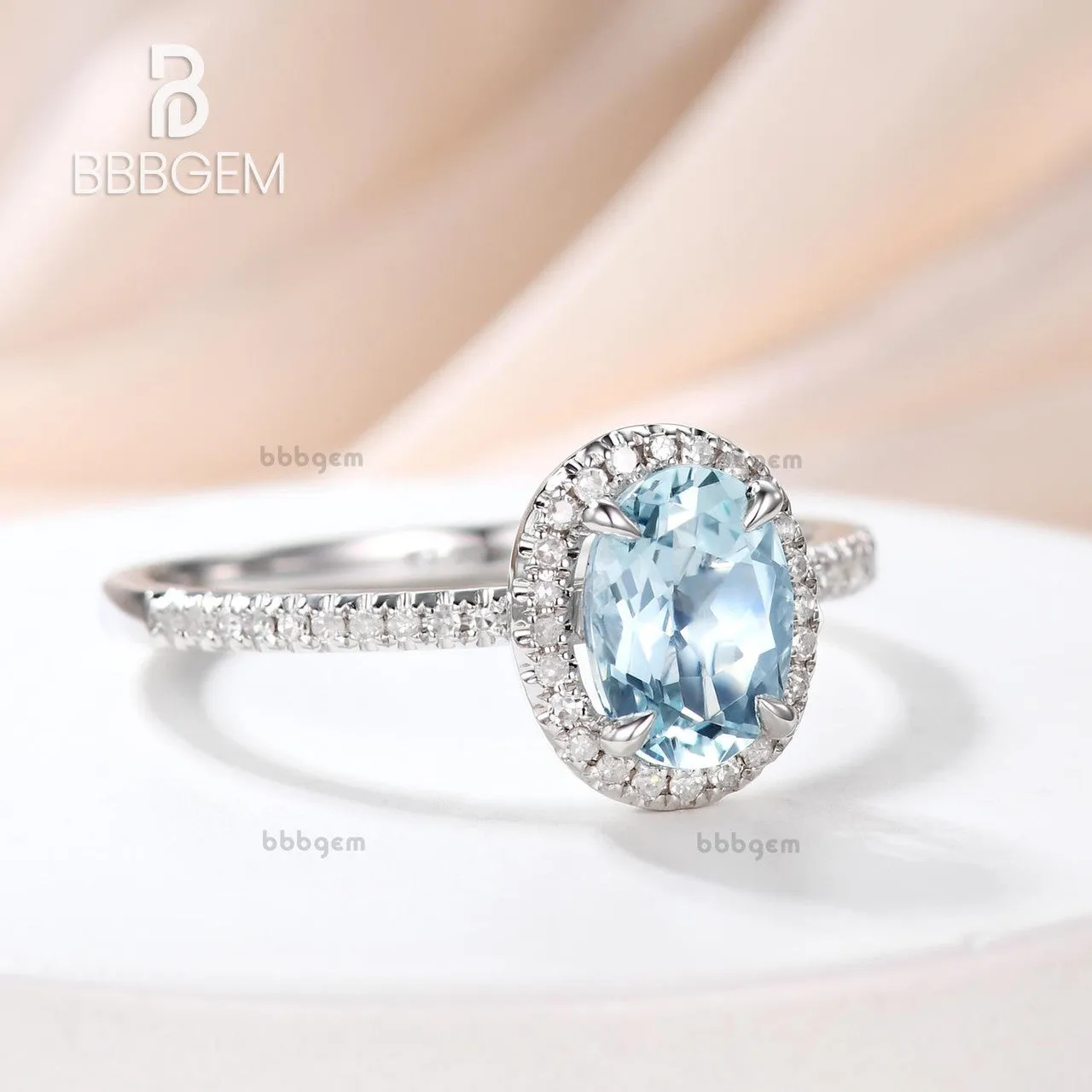 Aquamarine and Moissanite Ring 14k/18k Gold Engagement Promise Ring Halo Claw Prongs